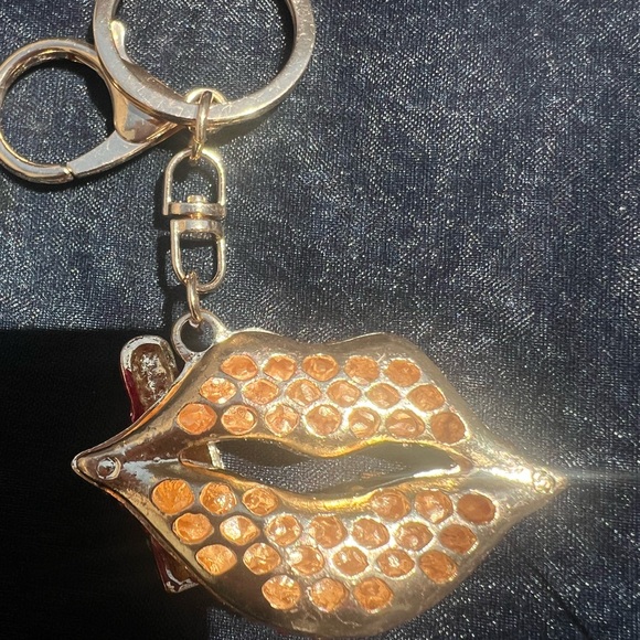 Red Crystal Lip Bag Charm Keychain with Gold Accents - Picture 14 of 16